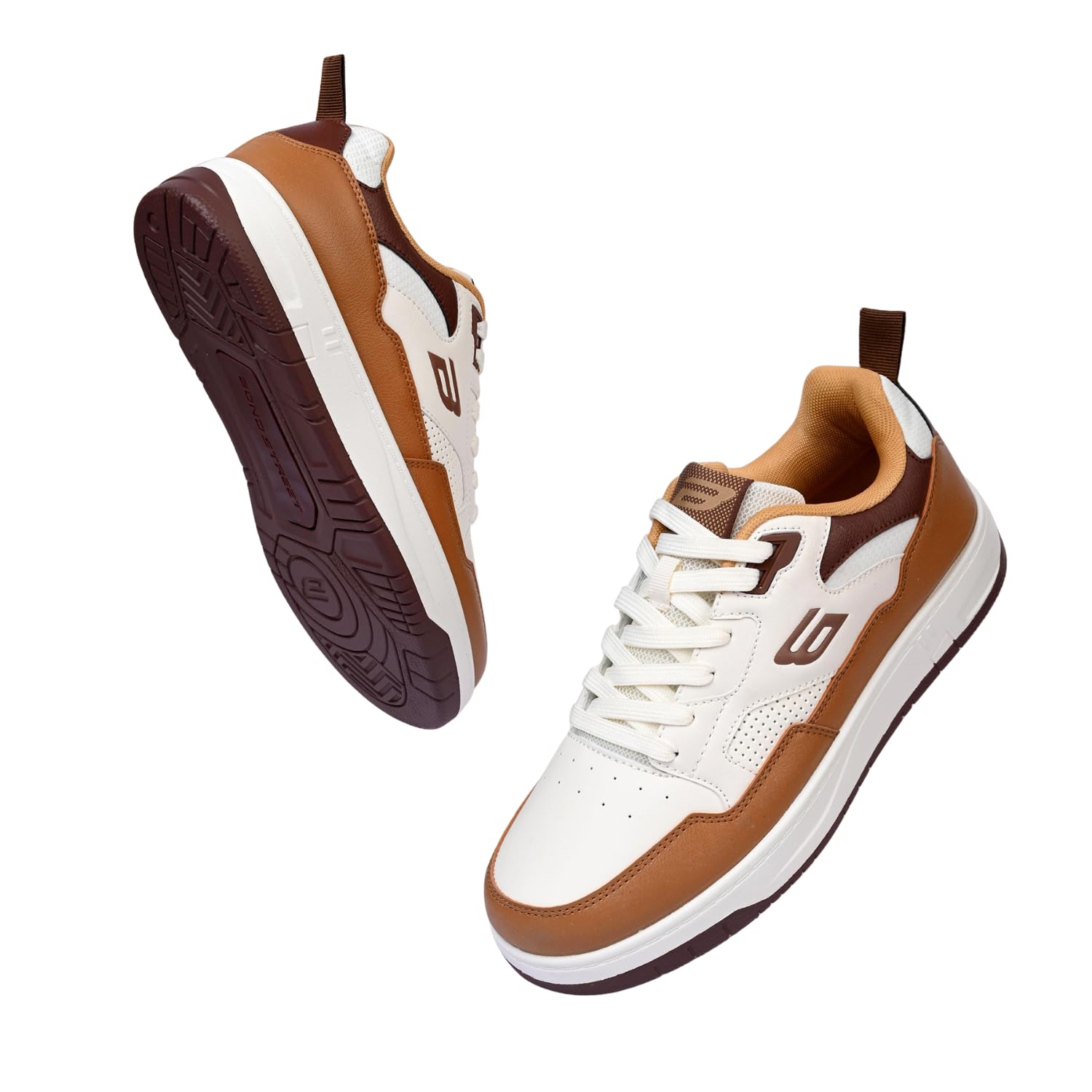 Bond Street Men's White & Tan PU Casual Sneakers | Stylish Lace-Up Shoes for Men | Lightweight & Comfortable Footwear | Durable PVC Sole Men's Fashion Sneakers