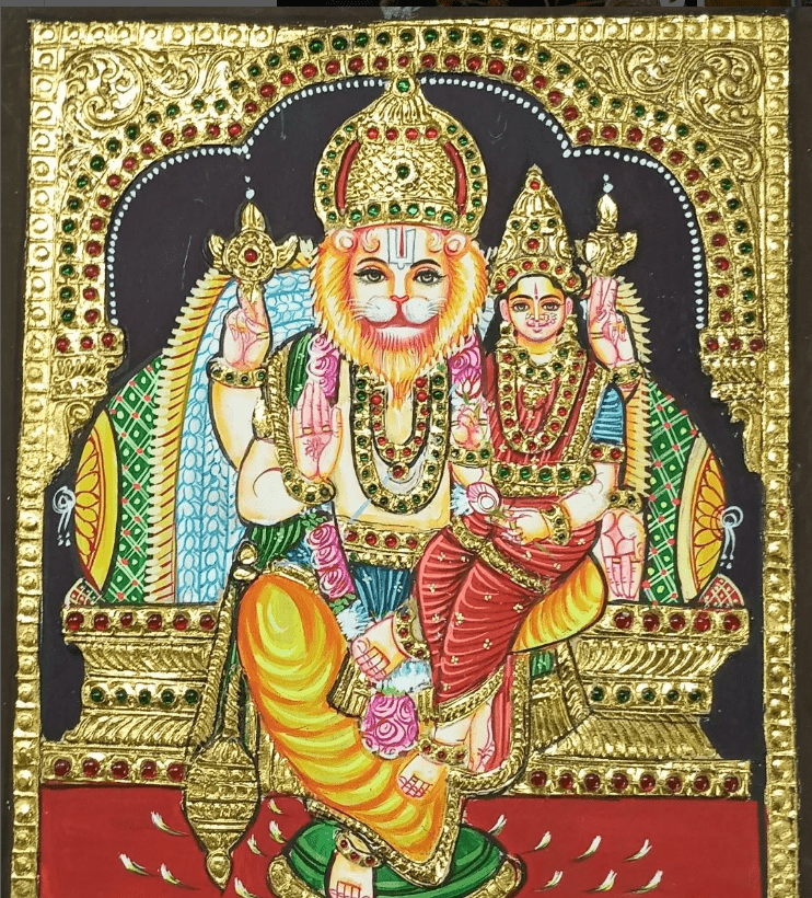 Lakshmi Narasimhar Tanjore painting By Authentic Handcrafting Method (Size 10x8)