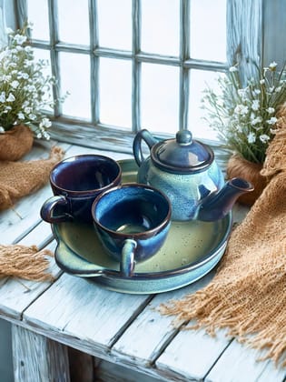 Handcrafted Ceramic Tea Set with Tray – Glazed Stoneware Teapot Set (Kettle, 2 Cups & Serving Tray)