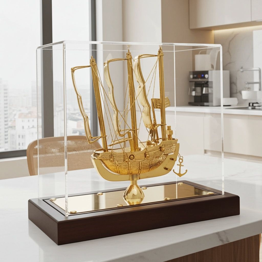 Brass Ship Model in Acrylic Display Box � Nautical Gift Item, Height : 8.5 Inch (MRMAS238 A)