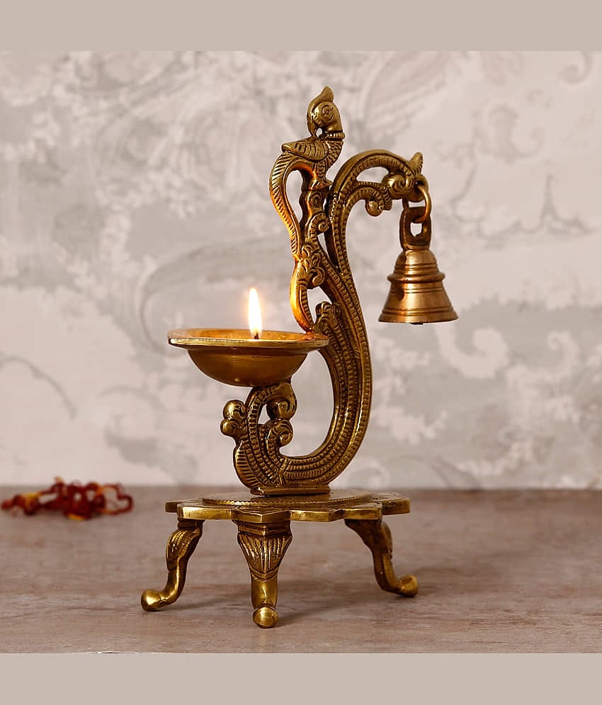 eCraftIndia Yellow Showpieces Antique Finish Parrot Showpiece Diya with Bell