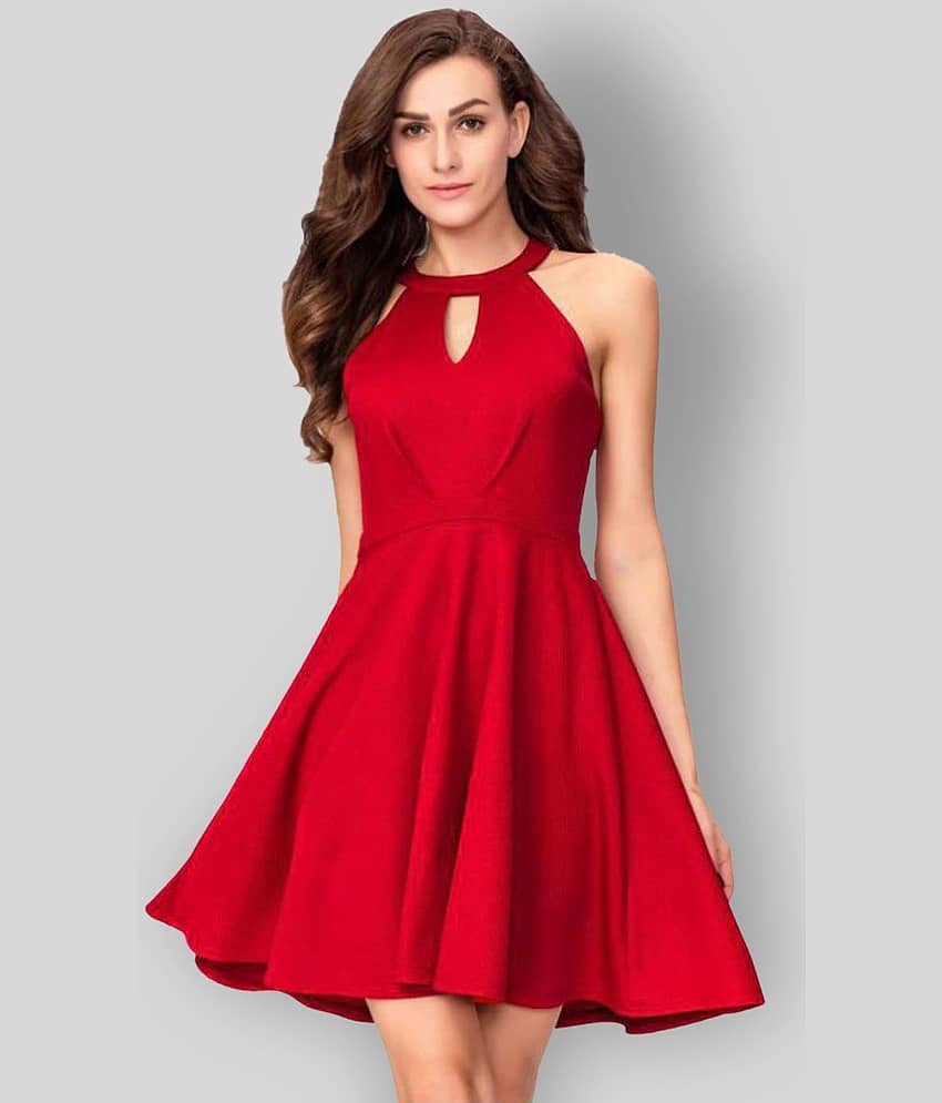 Addyvero Women Cotton Blend Solid Fit & Flare Dress ( Red )