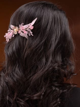 Pink Gold Plated Pearl Beaded Stocking Flowers Comb Pin
