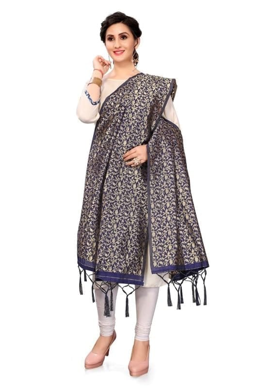 Women's Silk Pure weaving Work Duppatta (Navy Blue, Leangth: 2-2.3 Mtrs)-PID44957