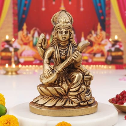 Brass Saraswati Ji God Idol - Elegant Home Decor Statue, Height : 4 Inch (BSMAS1526 C)