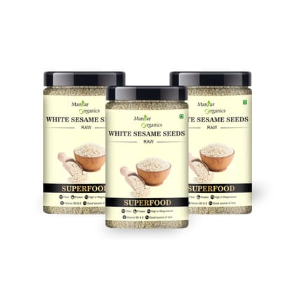ManHar Organics White Sesame Seeds for Eating 1425gm Jar- Safed Til |Healthy Snacking||High in Protein| ( pack of 3, 475gm each )