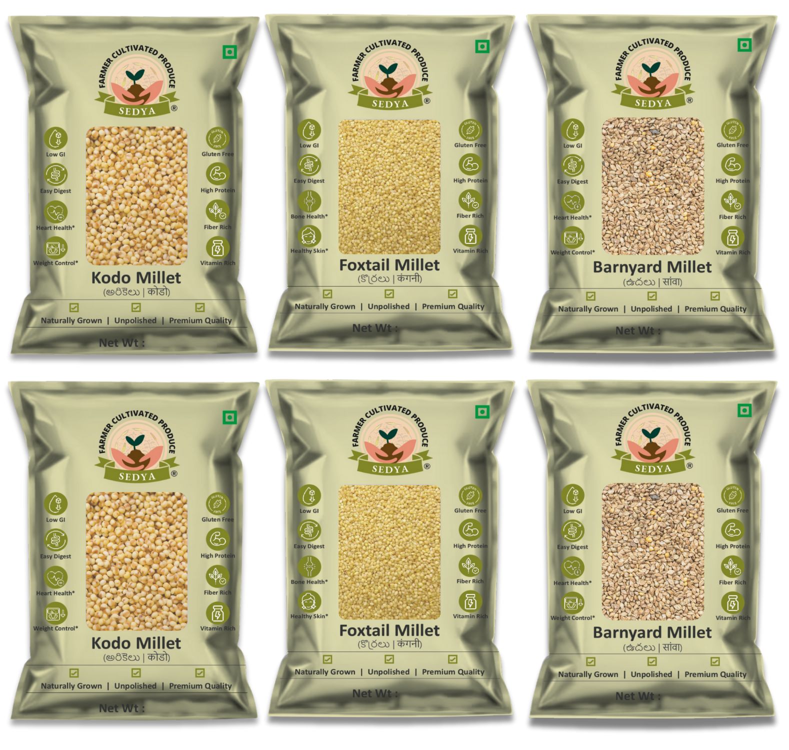Sedya Millets 3 KG Combo Pack | Kodo, Foxtail, Barnyard Millet | 6 x 500g Packs | Naturally Grown, Unpolished & Premium Quality
