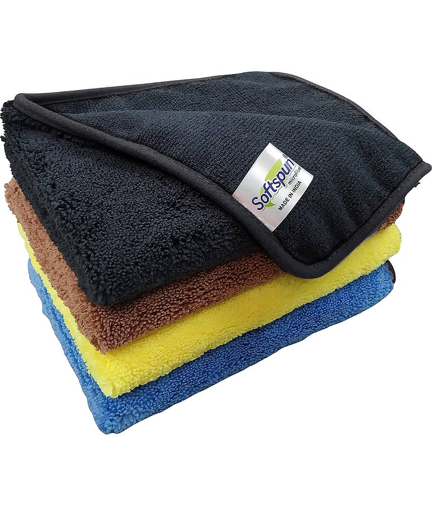 SOFTSPUN Microfiber High, Loop Silk Banded Edges, Car Cleaning Cloths, 40x40cms 4pcs (Multi-color) Towel Set 380 GSM Highly Absorbent, Multi-Purpose Cleaning Cloth
