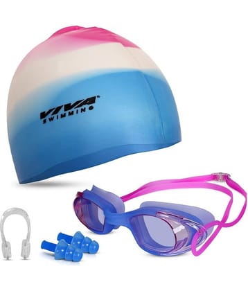 VIVA SWIMMING Combo 616 Swimming Goggles & Swimming Cap, 2 Ear Plug With Nose Clip Swimming Kit