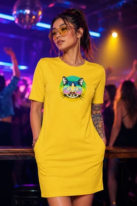 T-shirt Dress With Pockets - Cat With Glasses (6 Colours) (Slim Fit)