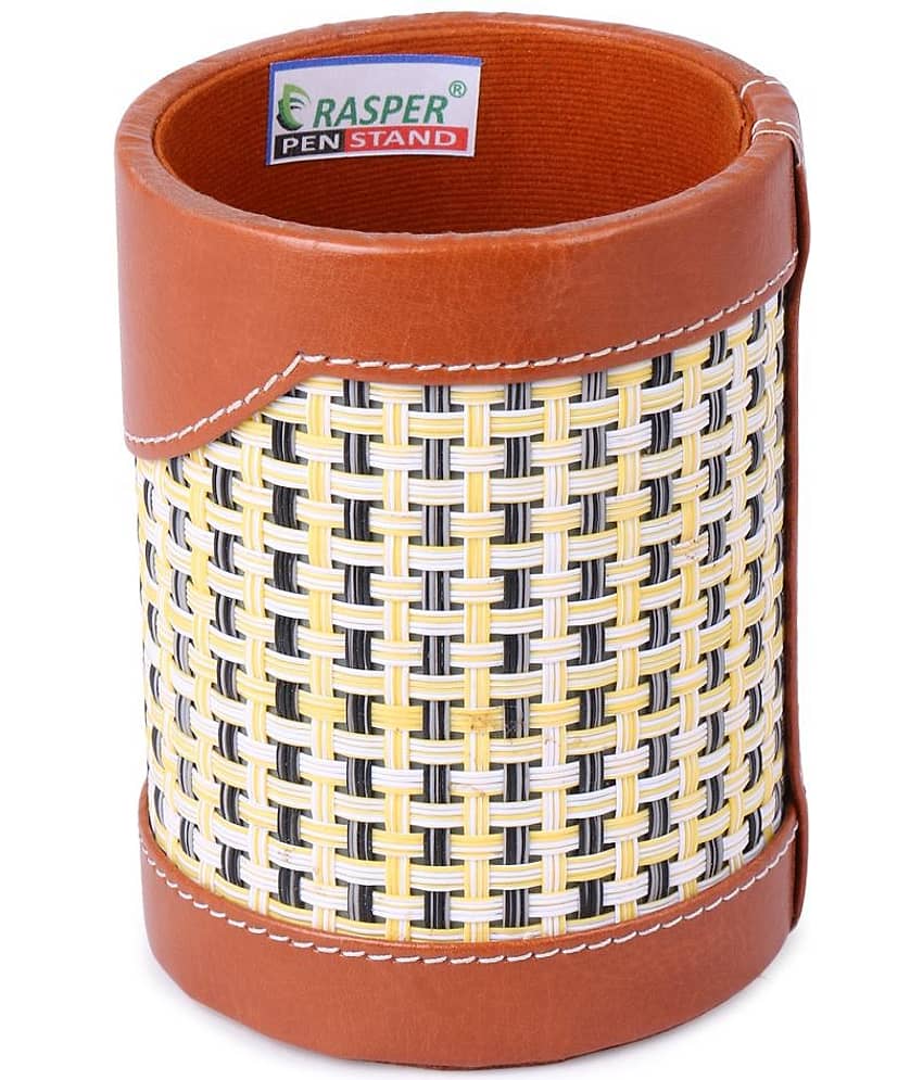 Rasper Brown Leather & Mat Pen Holder For Office Table Stylish Round Pen Pencil Holder Desk Organizer Multipurpose Pen Stand Holder (3x3x4 Inches)