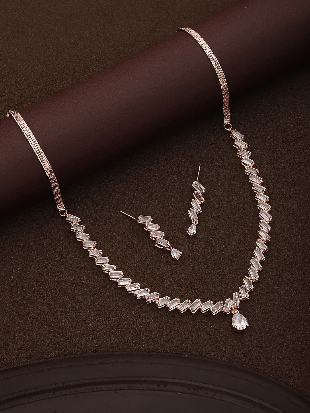 Rose Gold Plated AD Studded Zig Zag Minimal Necklace Jewellery Set
