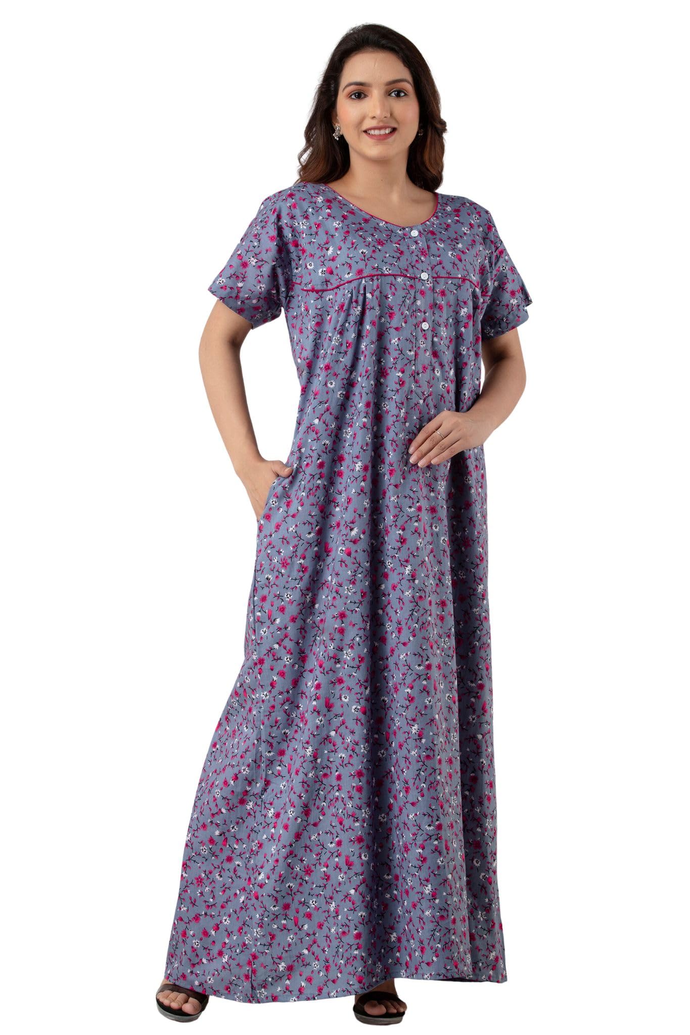 NEEED Floral Printed Maxi Nightwear Nighty | Cotton Nighty for Women with Pockets | Comfortable Maxi Dress/Sleepwear/Nightwear (Free Size- L/XL)
