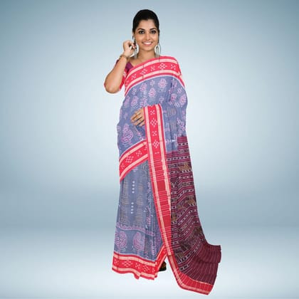 Nuapatana Floral Design Pasapali Border Cotton Saree With Blouse Piece (Ateneo Blue)