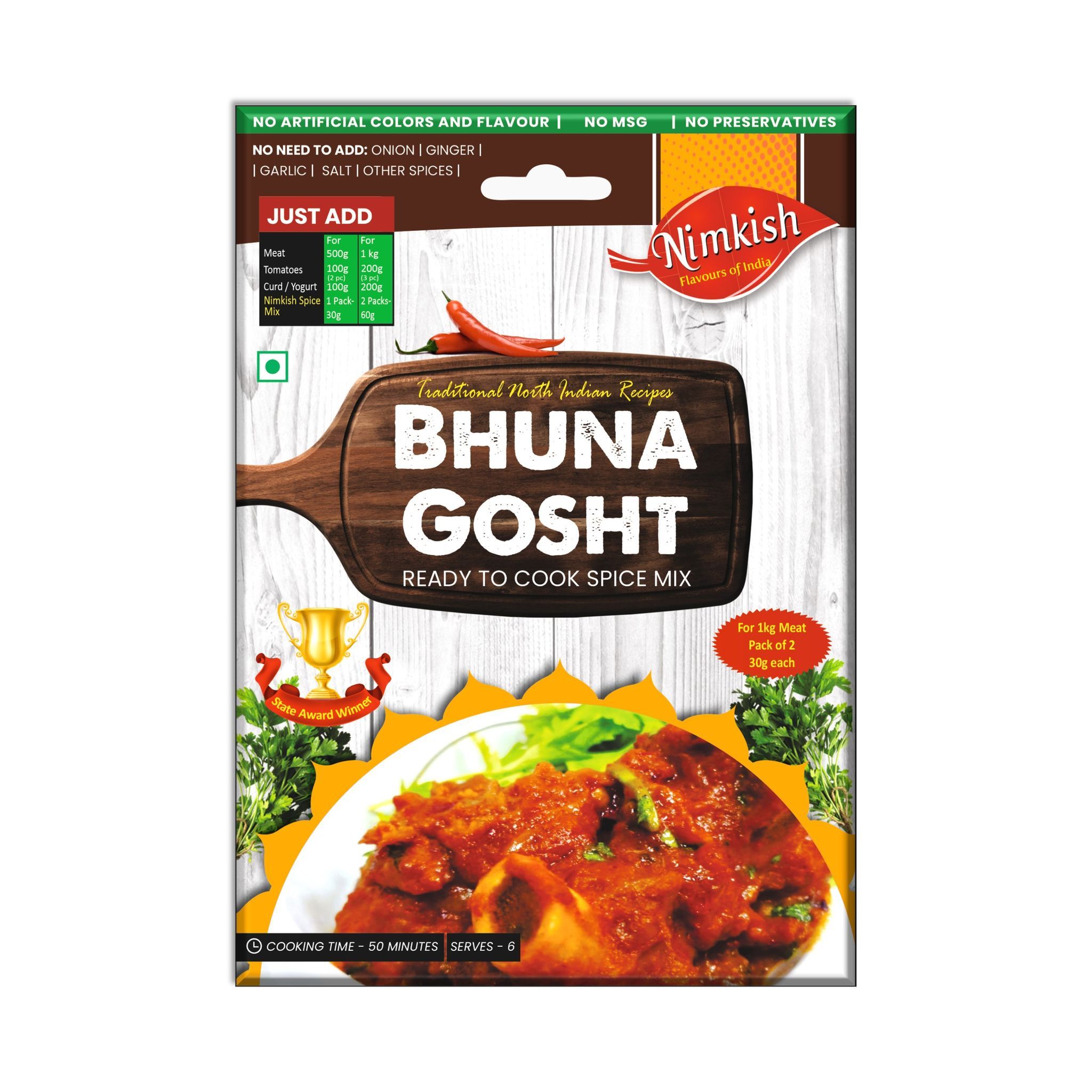 Nimkish Bhuna Gosht Ready to Cook Spice Mix | 60g | Onion Ginger Garlic Already in Mix | Himalayan Recipe