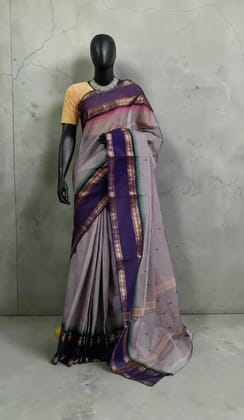 Handwoven Kanchipuram Cotton-Silk Saree in Grey with Contrast Border Handwoven Kanchipuram Cotton-Silk Saree in Grey with Contrast Border