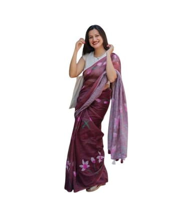 DARSHANS Women's Linen Printed Saree With Unstitched Blouse 5.5Mtr (Brown)-PID65156