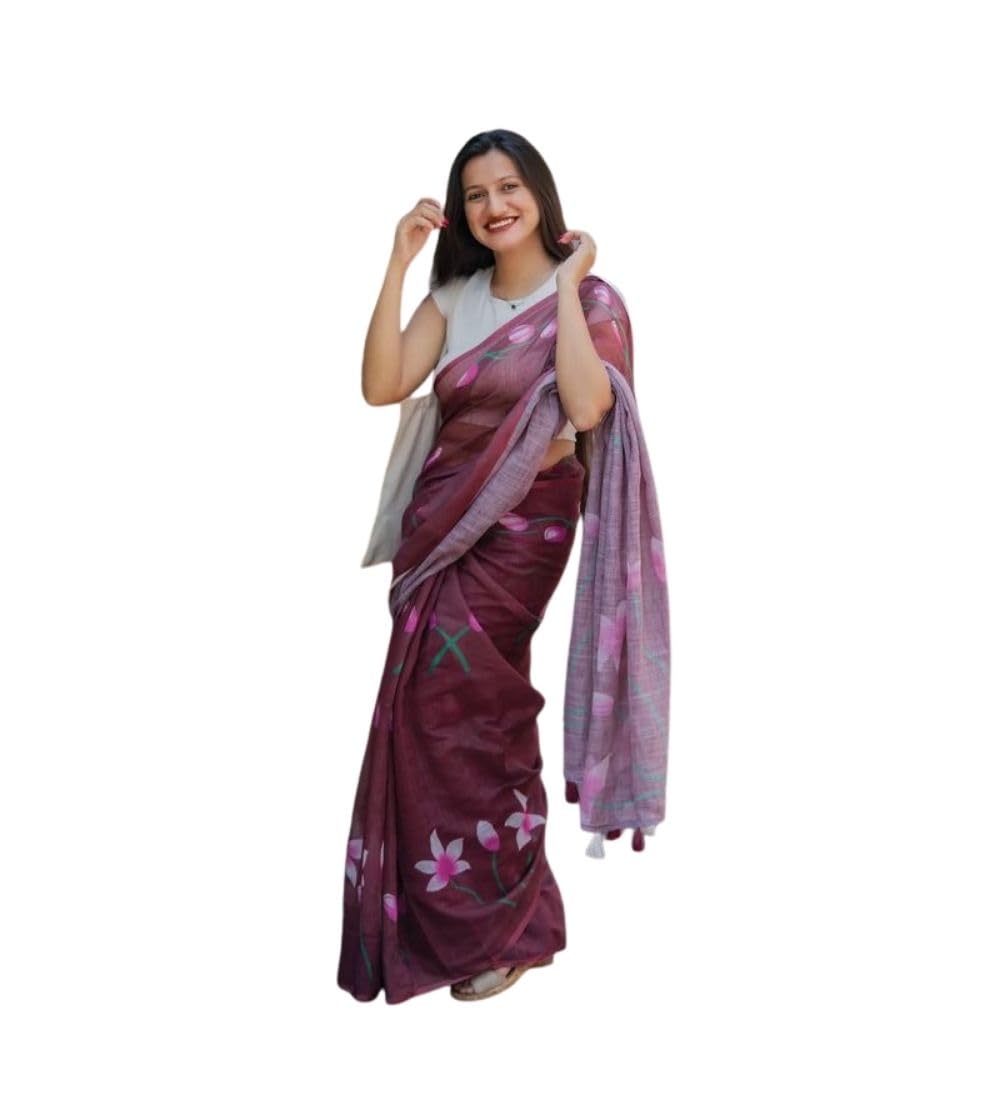 DARSHANS Women's Linen Printed Saree With Unstitched Blouse 5.5Mtr (Brown)-PID65156