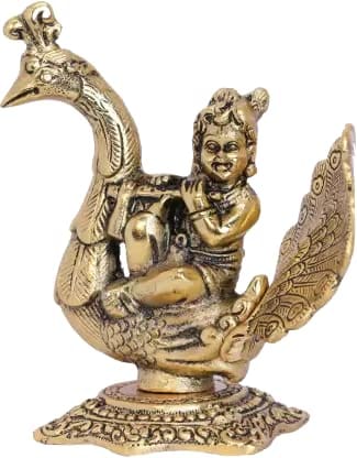 DreamKraft Peacock Lord Krishna - Metal Statue Playing Flute Decorative Showpiece (15 cm, Aluminium, Gold)