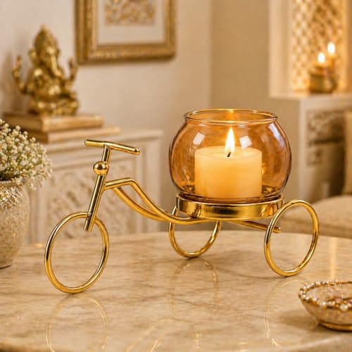Metal Tricycle Candle Holder with Glass Bowl | Gold Tea Light Holder Stand, Vase for Home Decor, Decorative Plant