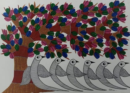 Warli Painting of Birds and Tree of Life