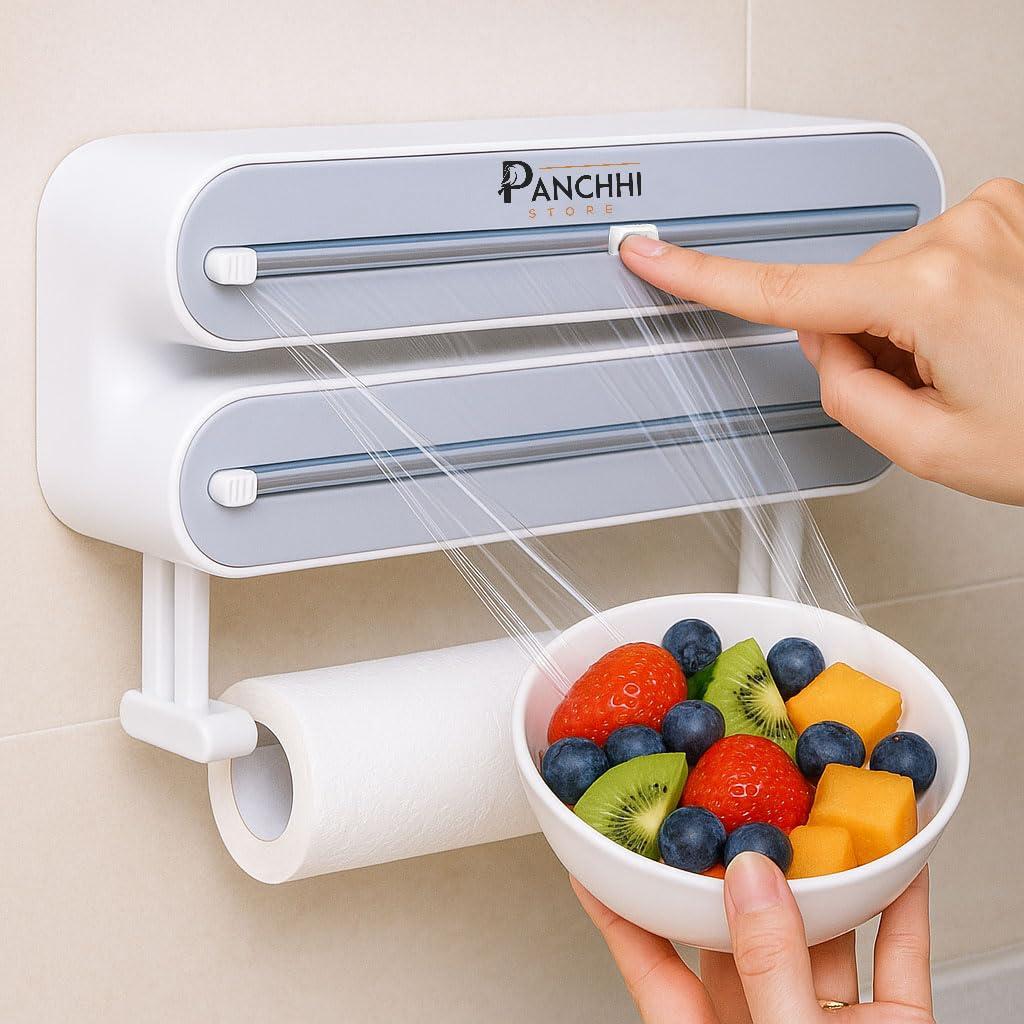 Panchhi Store Magnetic Foil Paper Cutter and Holder Plastic 3 in 1 Aluminum Foil and Plastic Wrap Organizer, Wall Mount Kitchen Wrap Organizer, Cling Wrap Dispenser with Paper Towel Holder and Cutter
