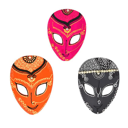 DECOREER Handcrafted Wooden Folk Mask Fridge Magnet Set of 3