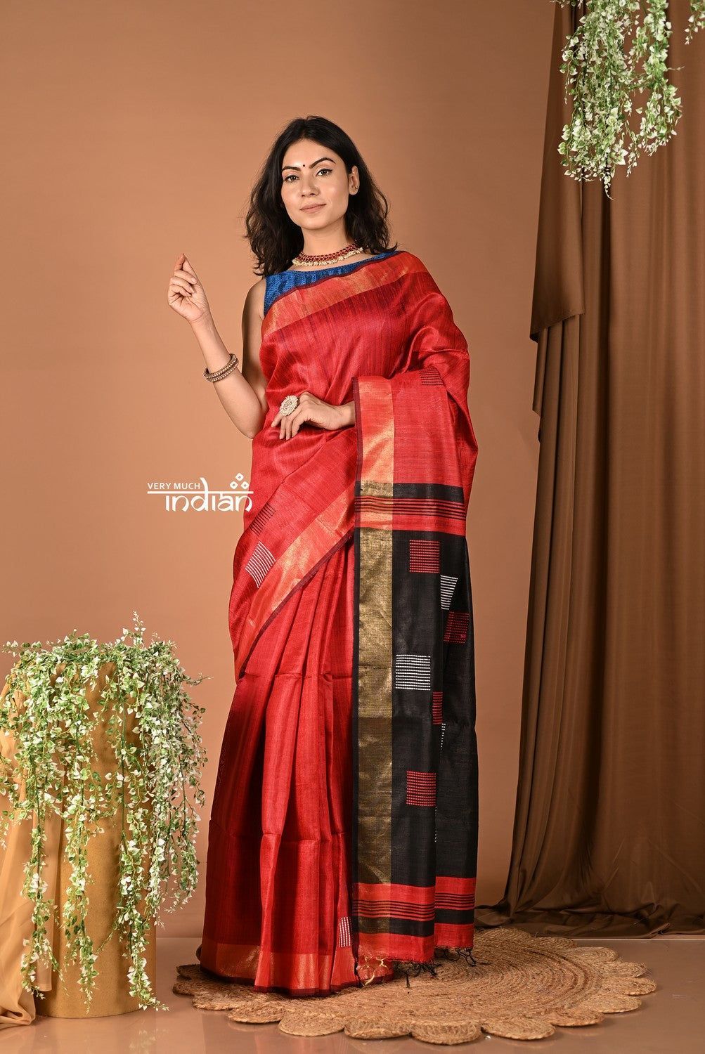 Handloom and Charkha Woven Pure Dupion Silk by Govt certified Weavers - Crimson Red