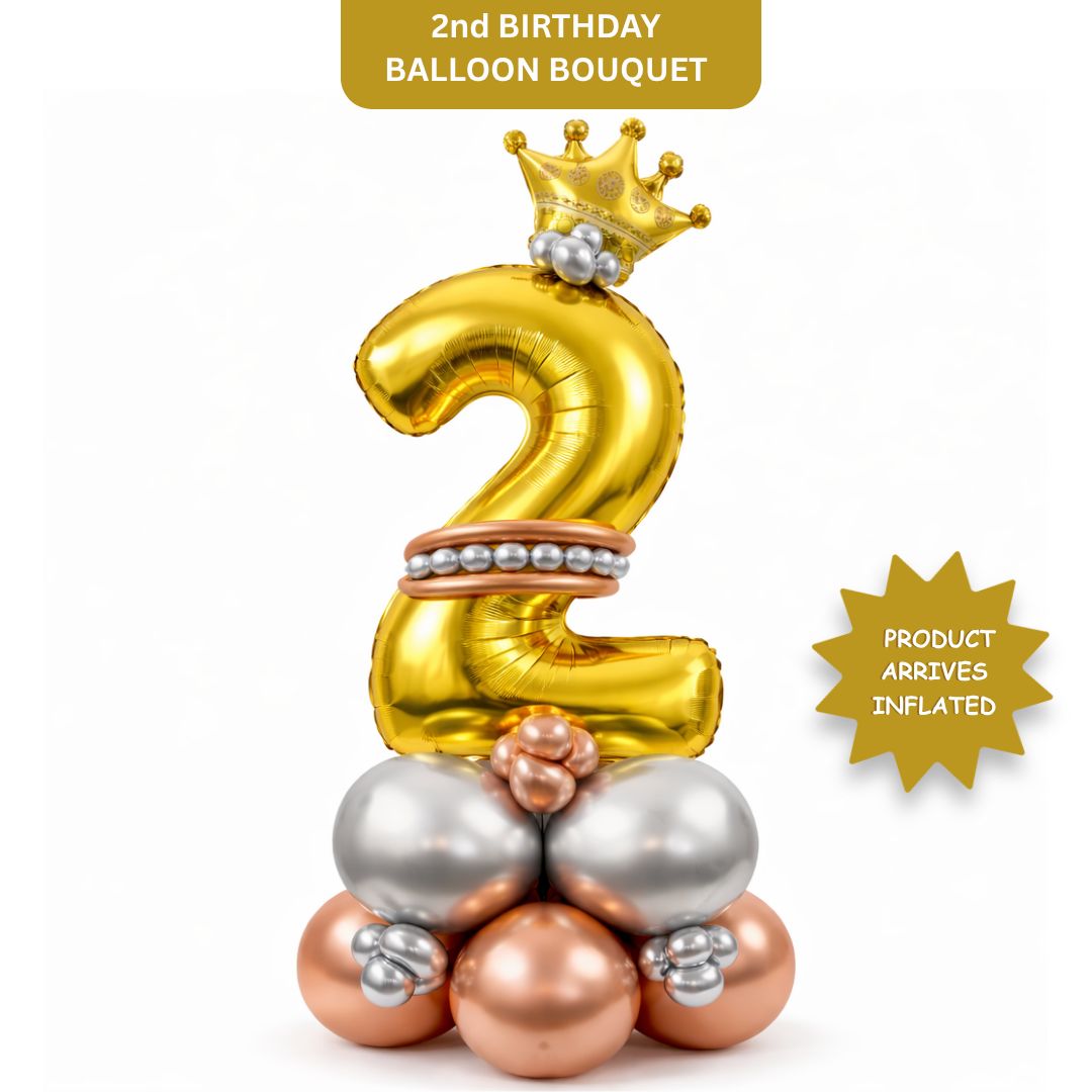 Royal Number 2 Large Golden Balloon Bouquet Arrangement with Small Crown & Silver, Rosegold Latex Balloons