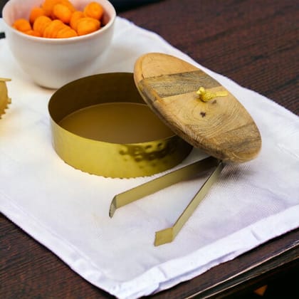 Brass Chapati box with wooden lid and tong Brass Chapati box with wooden lid and tong