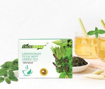 Freshville''s Natural Lemongrass and Tulsi Green Tea with Mint: 25 Tea Bags Infusion: For Enhanced Immunity, Healthy Cholesterol Levels, and Heart Wellness 25x2gram