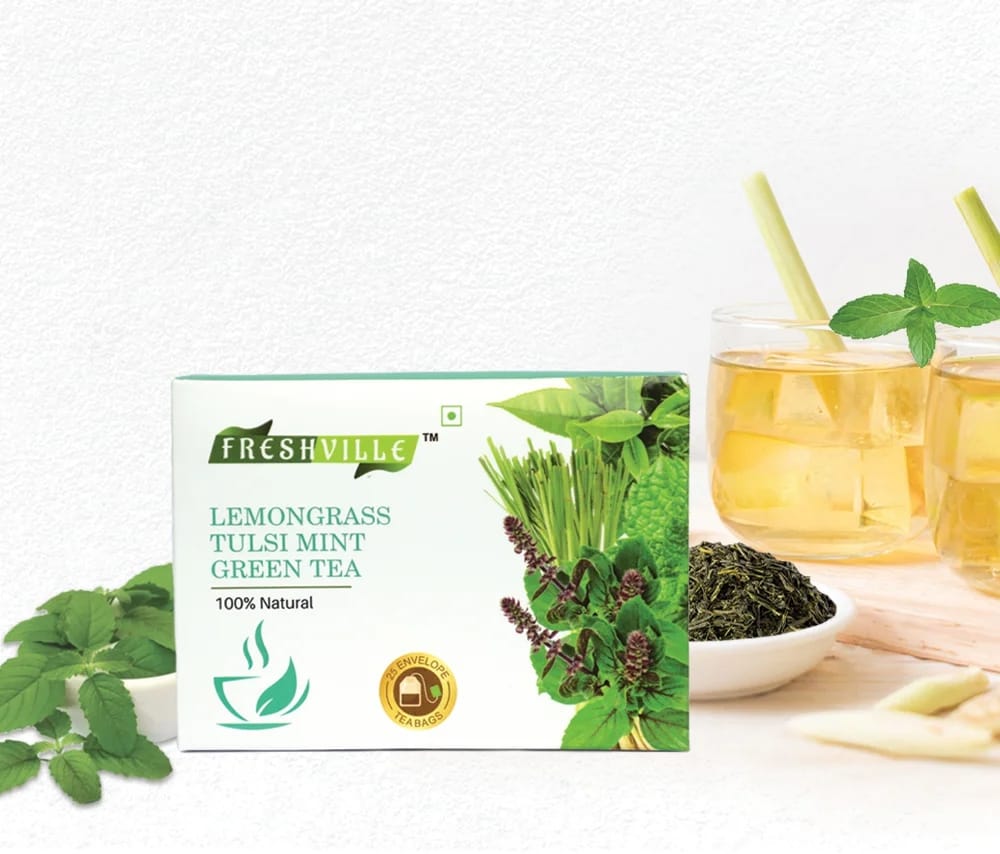 Freshville''s Natural Lemongrass and Tulsi Green Tea with Mint: 25 Tea Bags Infusion: For Enhanced Immunity, Healthy Cholesterol Levels, and Heart Wellness 25x2gram