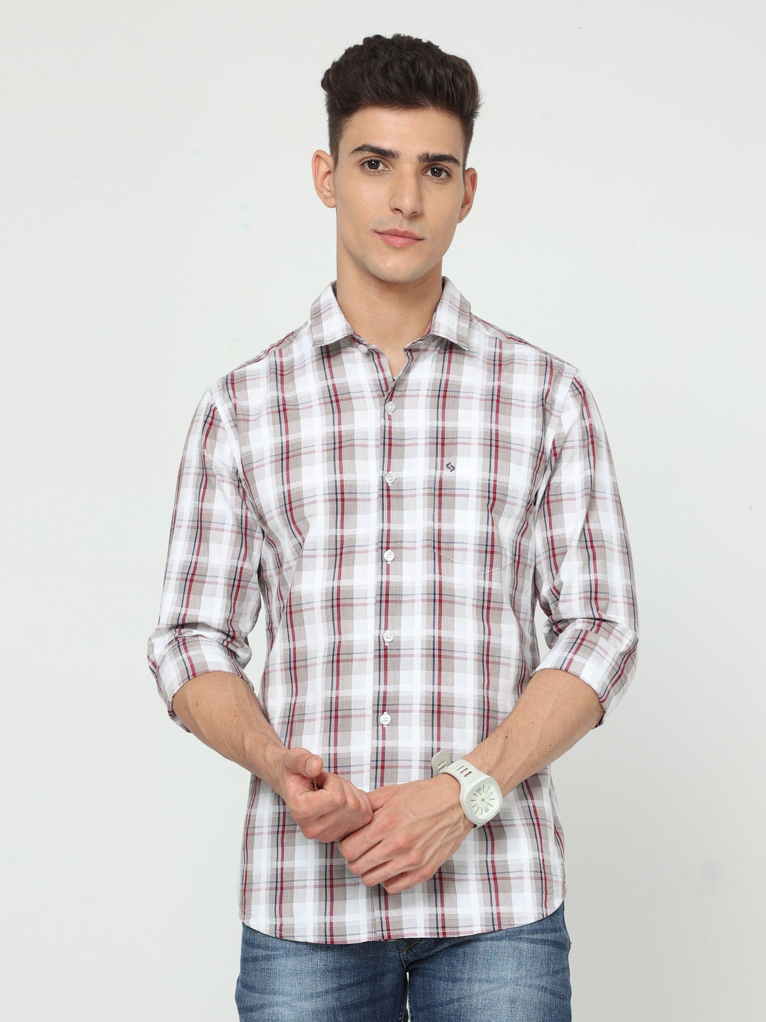Classic Polo Mens Cotton Full Sleeve Checked Slim Fit Polo Neck Multicolor Woven Shirt | SO1-86 A-FS-CHK