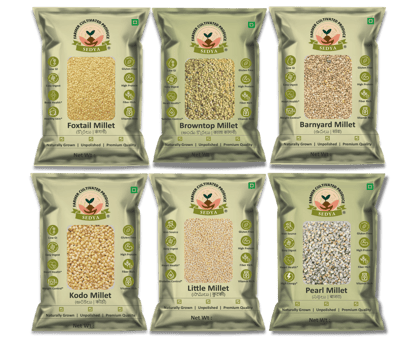 Sedya Six Millet Combo Whole Grains | Browntop, Barnyard, Foxtail, Pearl, Kodo & Little Millet | Certified Low GI | Korale / Udalu / Korralu / Sajje / Varagu / Samai | Gluten Free | Unpolished, Toasted, No Soaking Required | High Plant Protein & Fibre