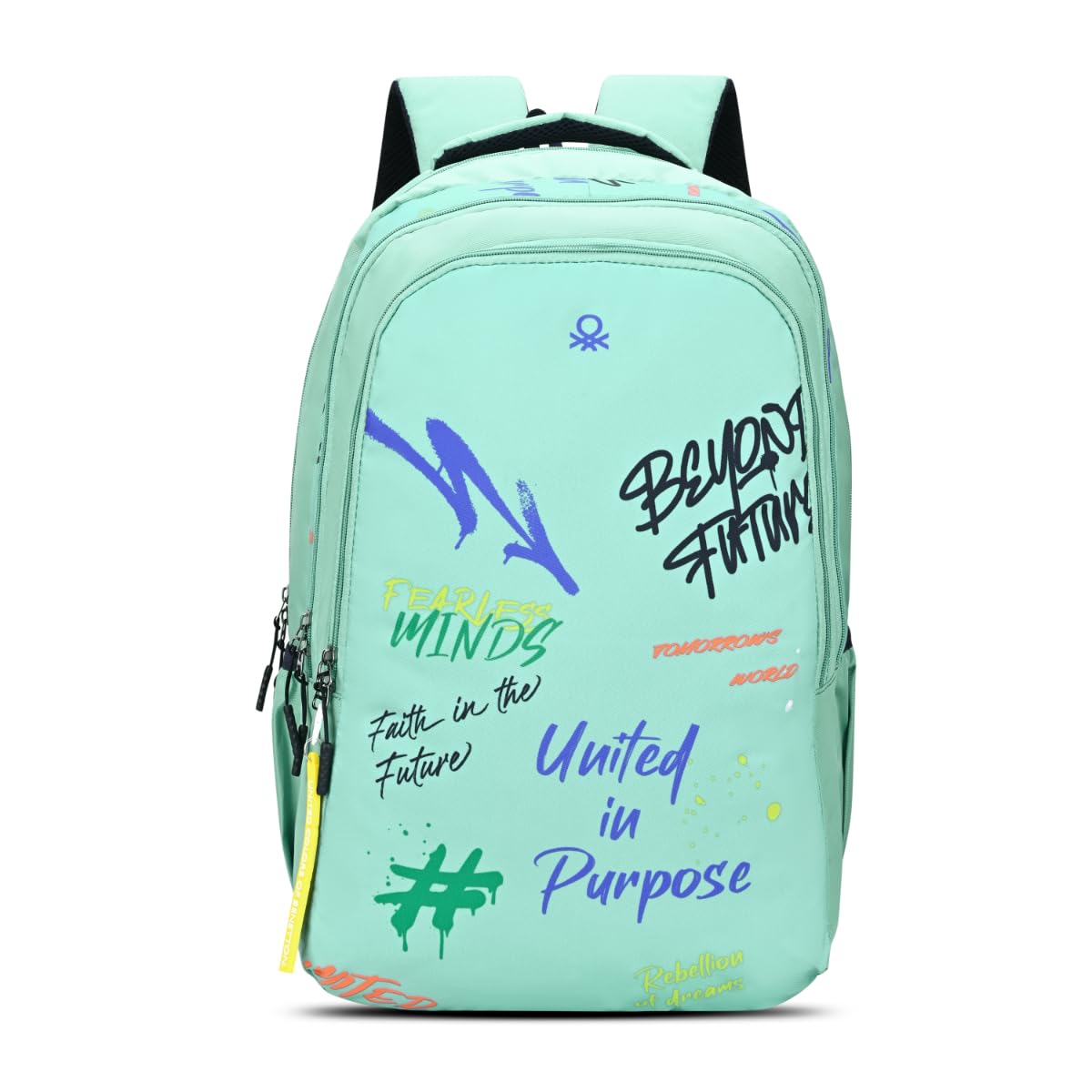 United Colors of Benetton Unisex High-School Backpack GRAFFITI - Green | 3-Compartment Large Capacity Bag with All-Over Print | Backpack for School Girls and Boys| 37L Capacity
