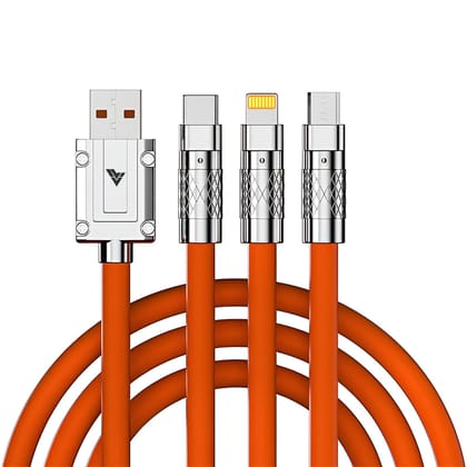 Vaku Luxos 3-in-1 Fast Charging Data Sync Cable, 120W Durable Silicone Cable with Lightning, Type-C & Micro USB Ports - Orange
