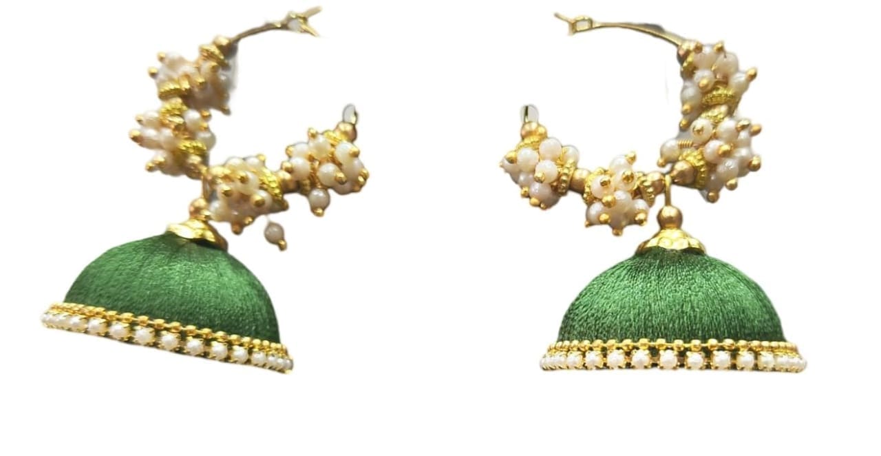 Green Silk Thread Jhumka Earrings with Pearl Beads