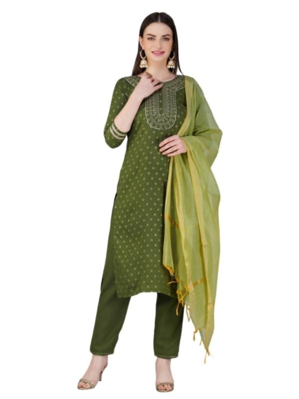 Women's Casual 3-4 th Sleeve Embroidery Cotton Kurti Pant Dupatta Set (Green, S)-PID50243