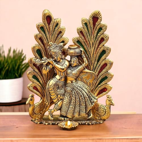 Idol with Peacock Design Diya - Elegant Gold Showpiece Statue for Home Decor, Puja Room, and Office Desk (7 x 5