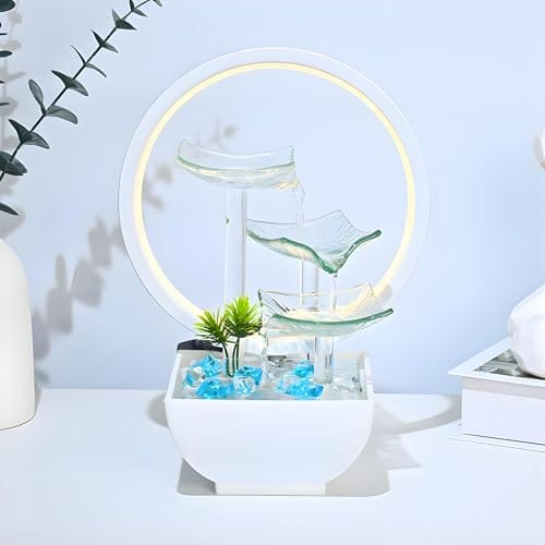 Glass Indoor Waterfall with LED Light & Blue Stones – Electric Tabletop Showpiece for Living Room, Office Desk &