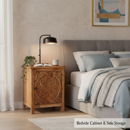 Wooden Carved Bedside Cabinet Side Storage With Mango Wood Wooden Carved Bedside Cabinet Side Storage With Mango Wood