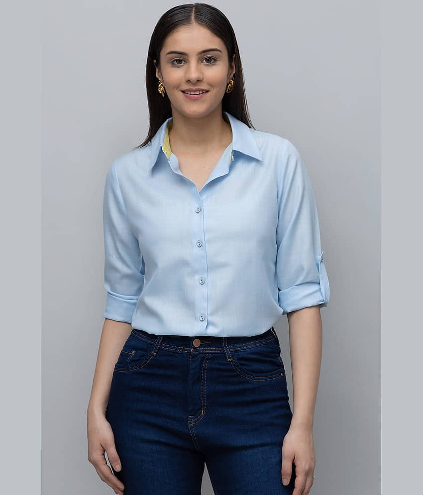 Purys Women Solid Linen Shirt ( Blue )