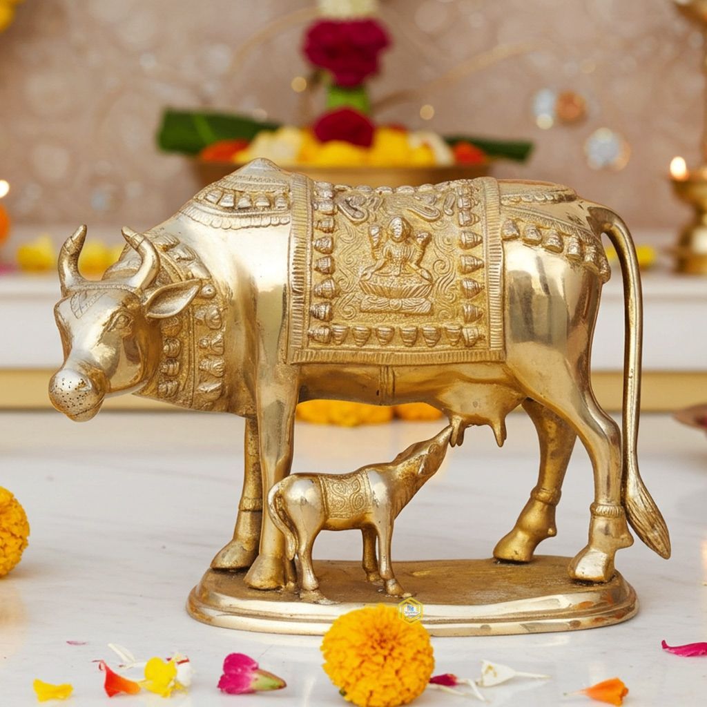 Brass Cow & Calf Statue - Antique Religious Artwork, Height : 10 Inch (BSMAS805 A)