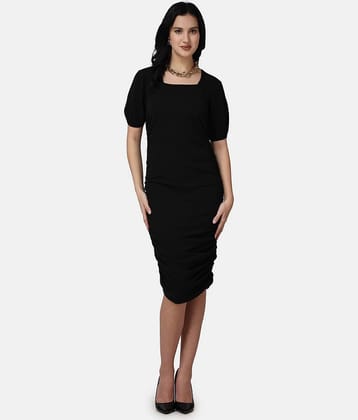 POPWINGS Women Polyester Printed Fit & Flare Dress ( Black )
