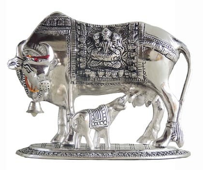 DreamKraft Metal Kamdhenu Cow And Calf Statue, Standard, Silver