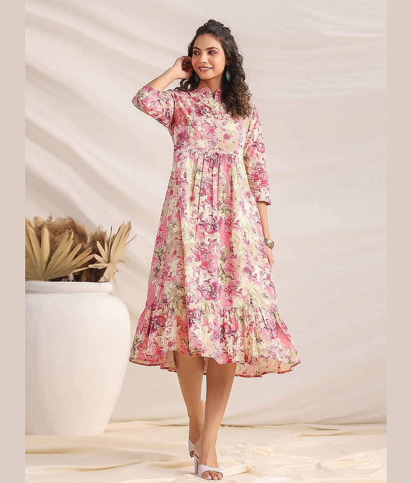 Janasya Women Cotton Printed Fit & Flare Dress ( Pink )