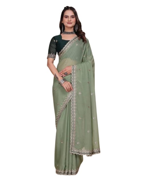 GENERIC Women's Georgette Embellished Saree With Unstitched Blouse 5.5Mtr (Pista Green)-PID67479