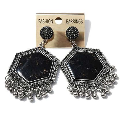 Black Stone Hexagonal Oxidized Jhumkas