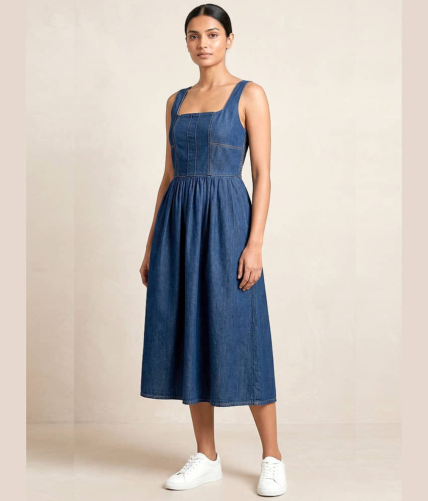 Addyvero Women Denim Solid Fit & Flare Dress ( Dark Blue )