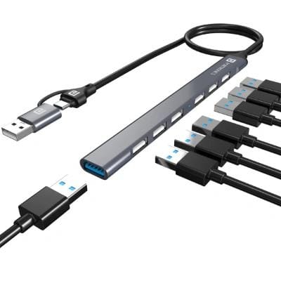 Portronics Mport 7 USB Hub (7-in-1) with dual USB & Type-C heads offers up to 5 Gbps transfer speed. It includes 1 USB 3.0 and 6 USB 2.0 ports, ideal for laptops, MacBooks, and PCs (Grey). Portronics Mport 7 USB Hub (7-in-1) with dual USB & Type-C heads offers up to 5 Gbps transfer speed. It includes 1 USB 3.0 and 6 USB 2.0 ports, ideal for laptops, MacBooks, and PCs (Grey).